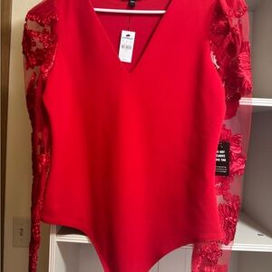 Elegant Red Lace Sleeve Women's Top NWT